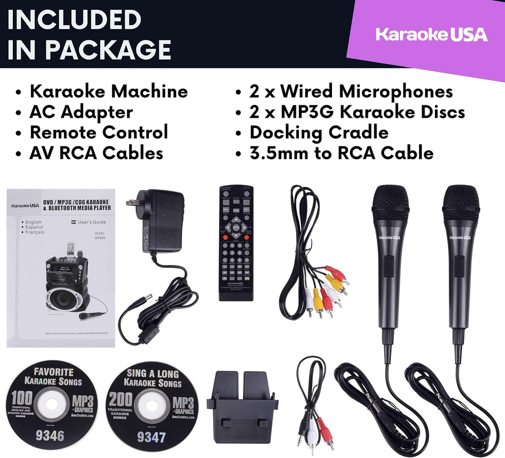 Karaoke Machine with Lyrics Display 7' Screen. CD+G, DVD, MP3+G, MP3, CD & USB. Wireless Bluetooth Speaker with LED Disco Lights. Includes 2 Wired Microphones and 2 Bonus Karaoke Discs By Karaoke USA