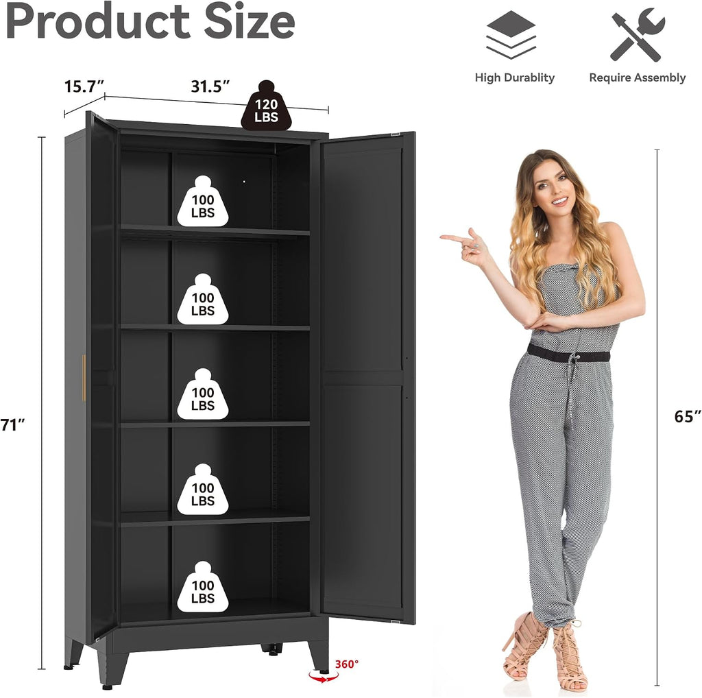 Bevivog Black Tall Bathroom Storage Cabinet, 71' Tall Utility Pantry Cabinets with Doors and Shelves, Metal Storage Cabinet for Garage Office Kitchen Pantry Laundry Room