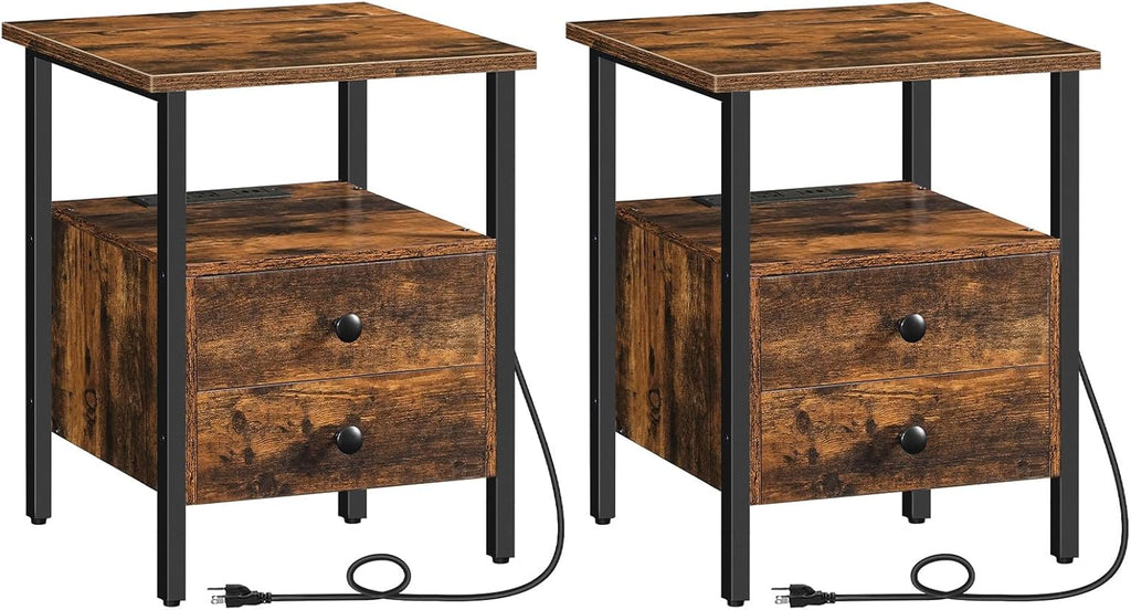 HOOBRO End Table Set of 2 with Charging Station, Bedside Table with 2 Drawer & USB Ports & Type-C Port, Nightstand for Small Spaces, Stable and Sturdy, for Living Room, Rustic Brown BF43UBZP201