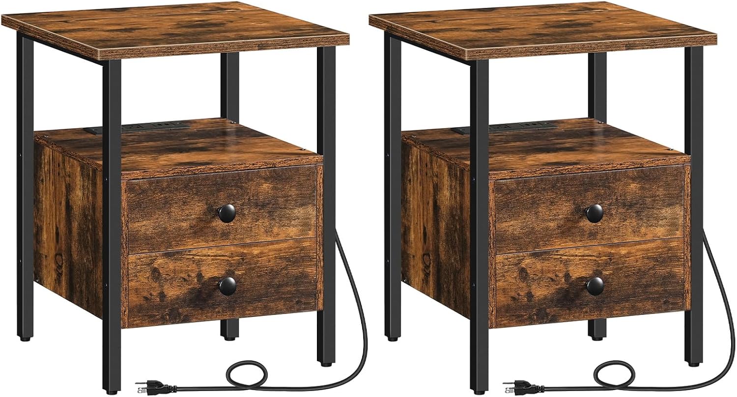 HOOBRO End Table Set of 2 with Charging Station, Bedside Table with 2 Drawer & USB Ports & Type-C Port, Nightstand for Small Spaces, Stable and Sturdy, for Living Room, Rustic Brown BF43UBZP201