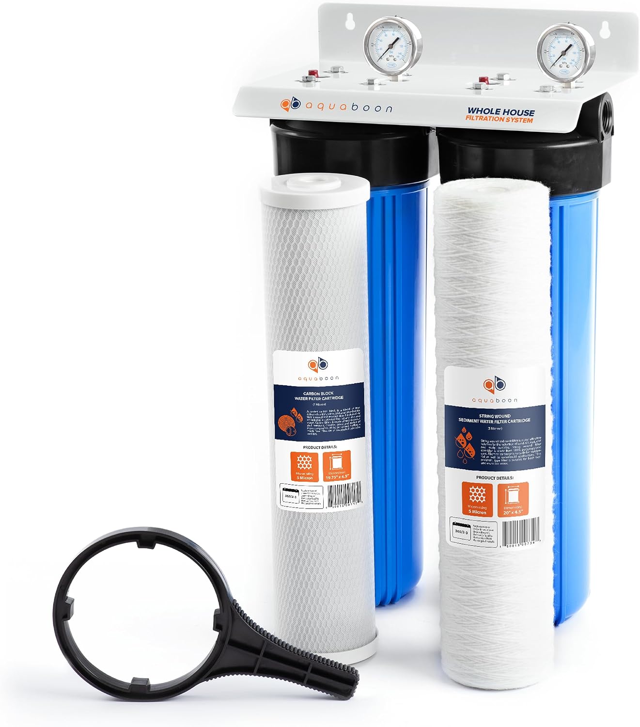 Aquaboon 2-Stage Whole House Water Filter System 20x4.5 with CTO & String Wound Water Filter Cartridges | Wrench, Bracket, Release & Gauges Included
