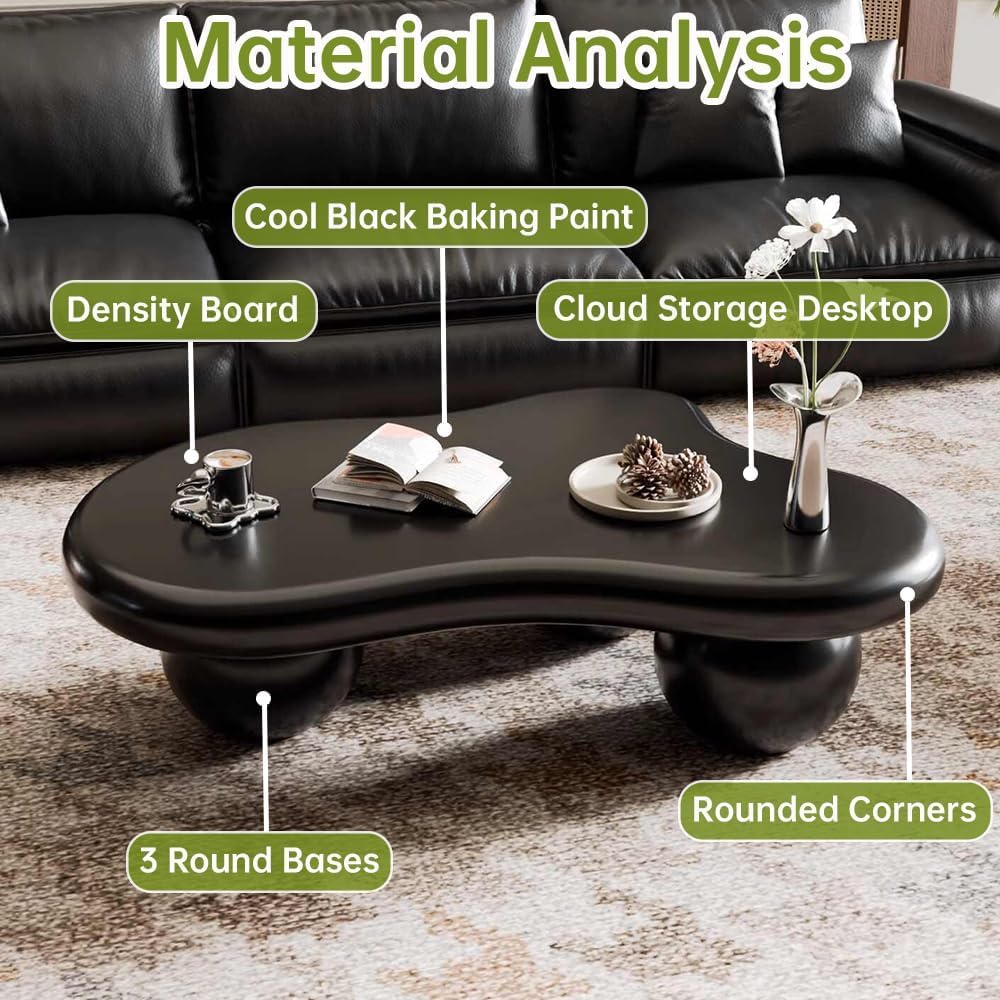 Cloud Coffee Table for Living Room Modern Irregular Coffee Table Asymmetrical Unique Center Table (A Black 46in)