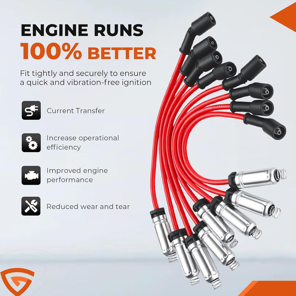 8Pcs D585 UF262 Ignition Coils Pack Round Type + 8Pcs 8mm Spark Plug Wire Set, Compatible with Chevrolet, Fit For GMC, Fit For Cadillac 1999-2007 4.8L 5.3L 6.0L, Replaces# 748UU 12622553 12656210