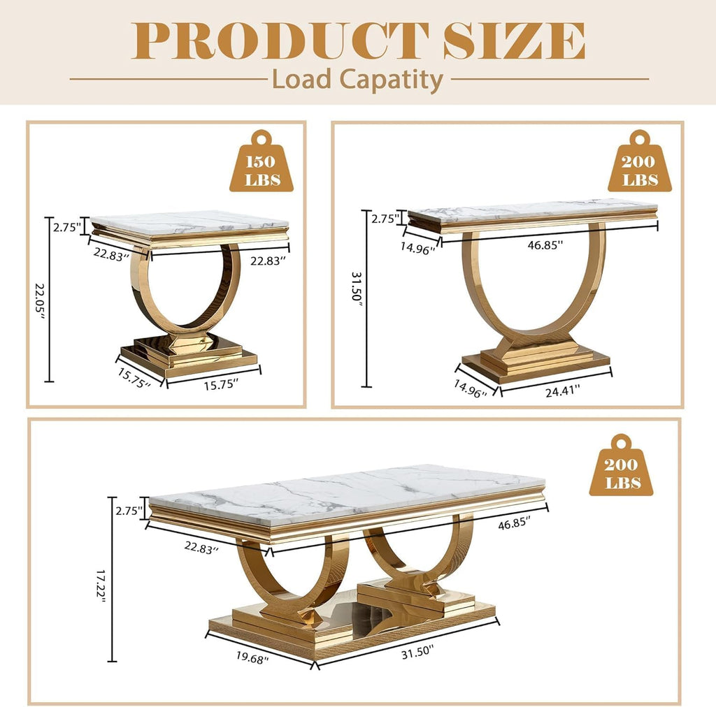 Marble Coffee Table, 47' White Faux Marble Rectangular Cocktail Tables with Mirrored Finish Double O-Shape Stainless Steel Base, Central Cocktail Tea Table for Living Room Office, Gold