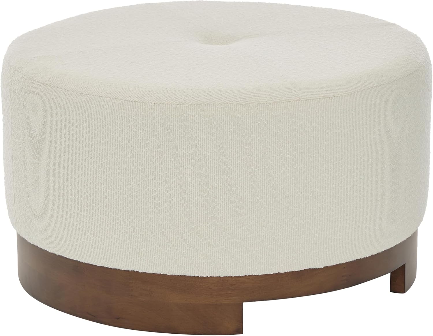 Christopher Knight Home Monroe Boucle Upholstery Round Ottoman, Living Room Sofa Ottoman with Wood Frame, Accent Small Foot Stool, Round Coffee Table, No Assembly Needed, Beige + Dark Walnut