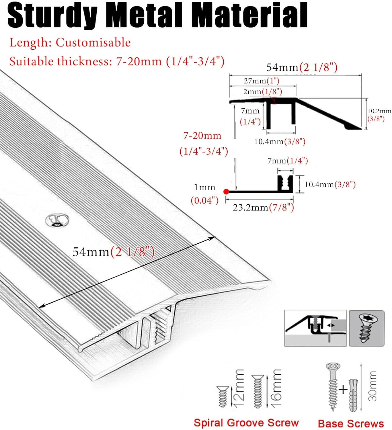 YHNNH Aluminum Doorway Threshold Transition Strip - 72-36 Inch Floor Seam Covering Strips for Uneven Floors(Gray,183cm 54mm)