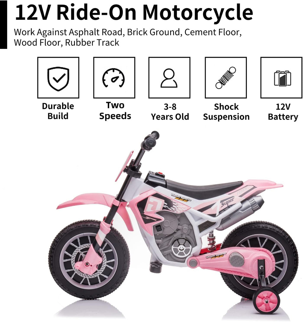 12V Electric Dirt Bike for Kids Battery Powered Motorcycle for Kids Girls Ride On Toy Motorbike with 2 Speeds Training Wheels Spring Suspension, Light Pink