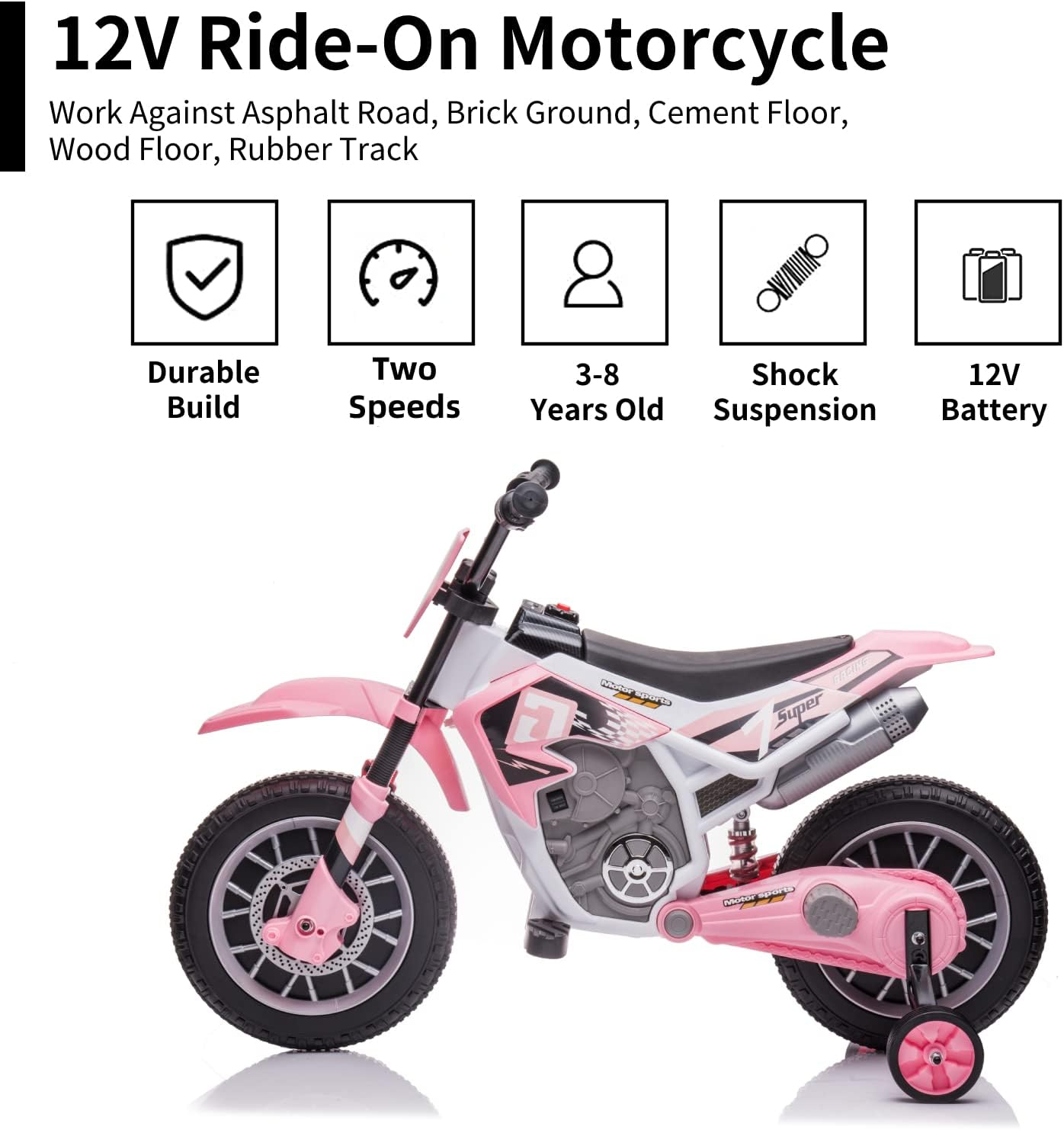 12V Electric Dirt Bike for Kids Battery Powered Motorcycle for Kids Girls Ride On Toy Motorbike with 2 Speeds Training Wheels Spring Suspension, Light Pink