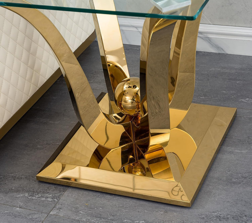 Modern Gold Glass End Table, Sqaure Sofa Side Table with Tempered Glass Top & Gold Stainless Steel Frame, Luxury Glass Accent End Table Bedside Table Nightstand for Living Room Bedroom