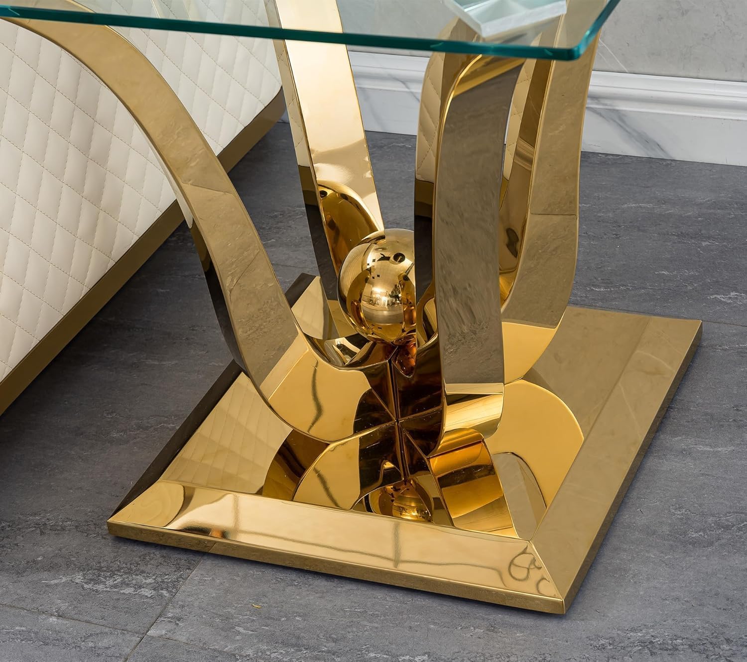 Modern Gold Glass End Table, Sqaure Sofa Side Table with Tempered Glass Top & Gold Stainless Steel Frame, Luxury Glass Accent End Table Bedside Table Nightstand for Living Room Bedroom