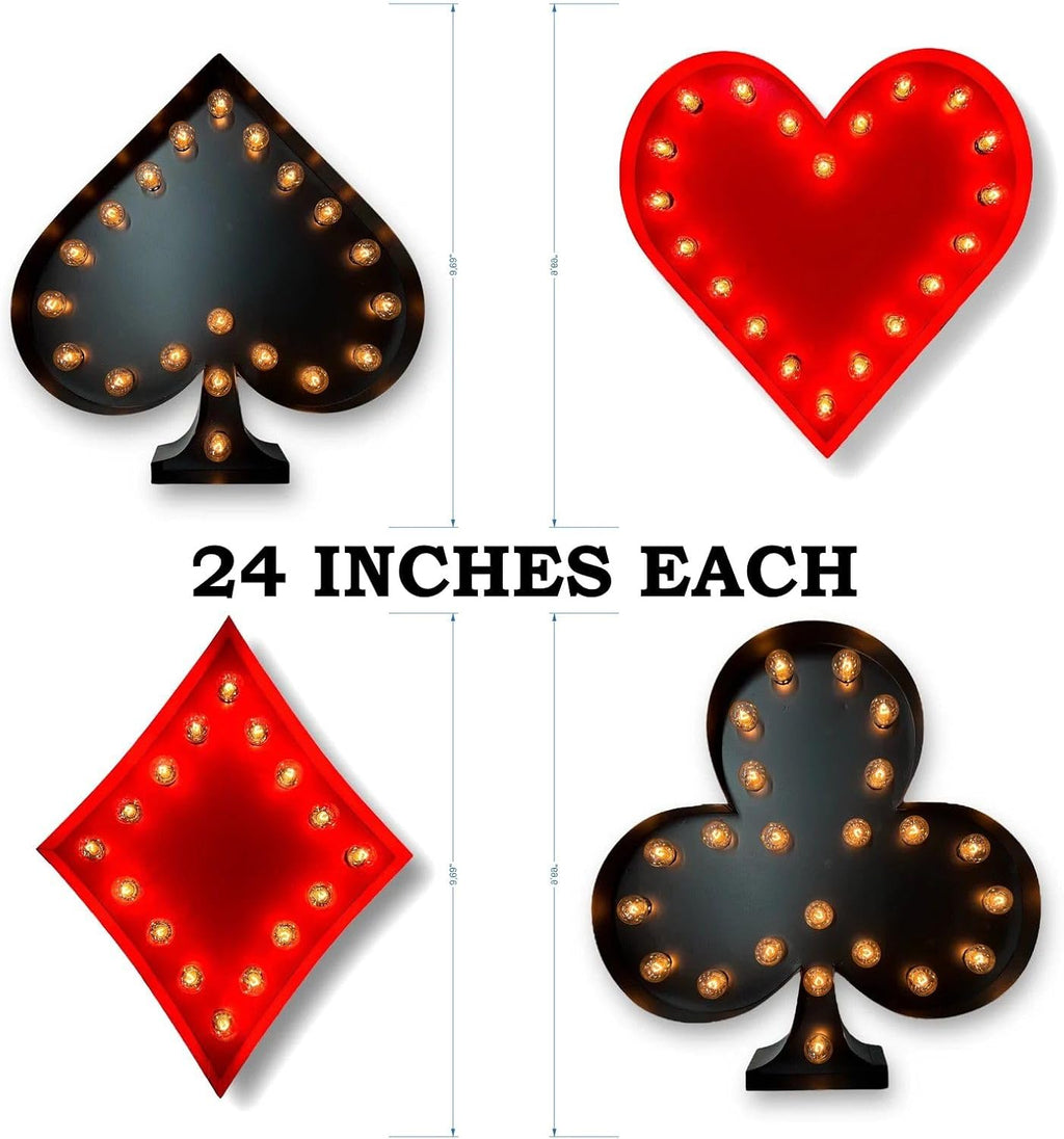NEONSIGN Playing Card Suit LED Metal Marquee Wall Light Set of 4 – 24 Inch Spade Heart Diamond Club Casino Themed Metal Wall Decor for Game Room Bar Poker Room