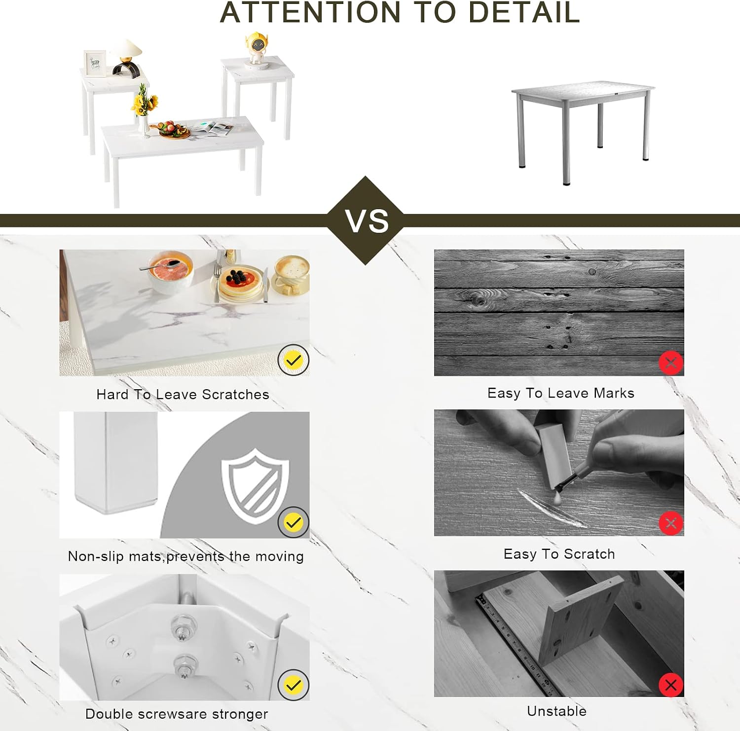 Hooseng 3 Piece Coffee Table Set, Faux Marble Tabletop Style with Black Metal Frame Sofa Side Tables Perfect for Living Room Accent Furniture,Includes Table & 2 End Tables, White
