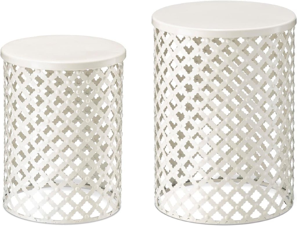 Glitzhome Accent Tables Living Room Set of 2, Round Metal Side End Table, Small Circle Coffee Bedside Table, Planter Stand for Couch Nightstand Bedroom Patio Backyard, Glossy White