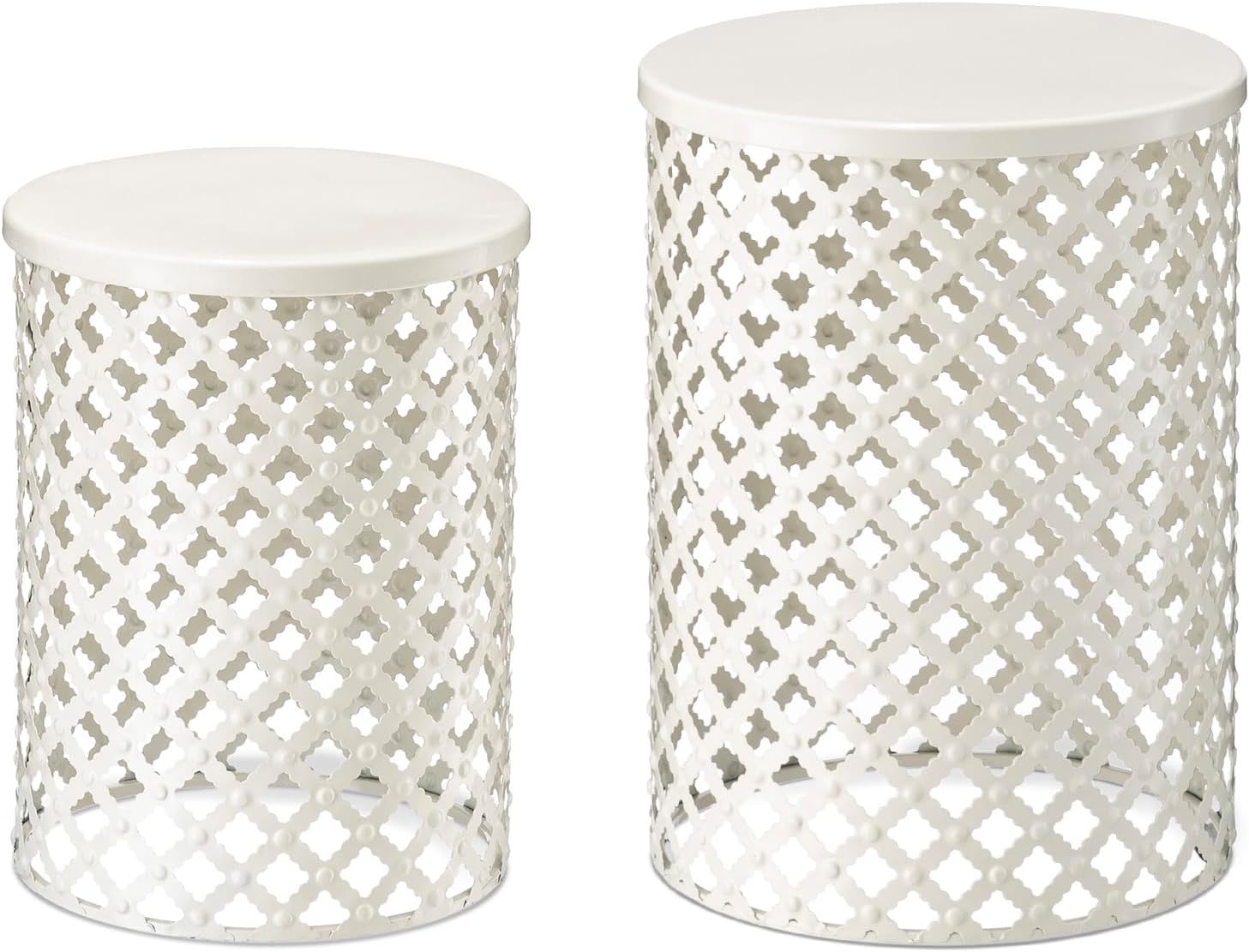 Glitzhome Accent Tables Living Room Set of 2, Round Metal Side End Table, Small Circle Coffee Bedside Table, Planter Stand for Couch Nightstand Bedroom Patio Backyard, Glossy White