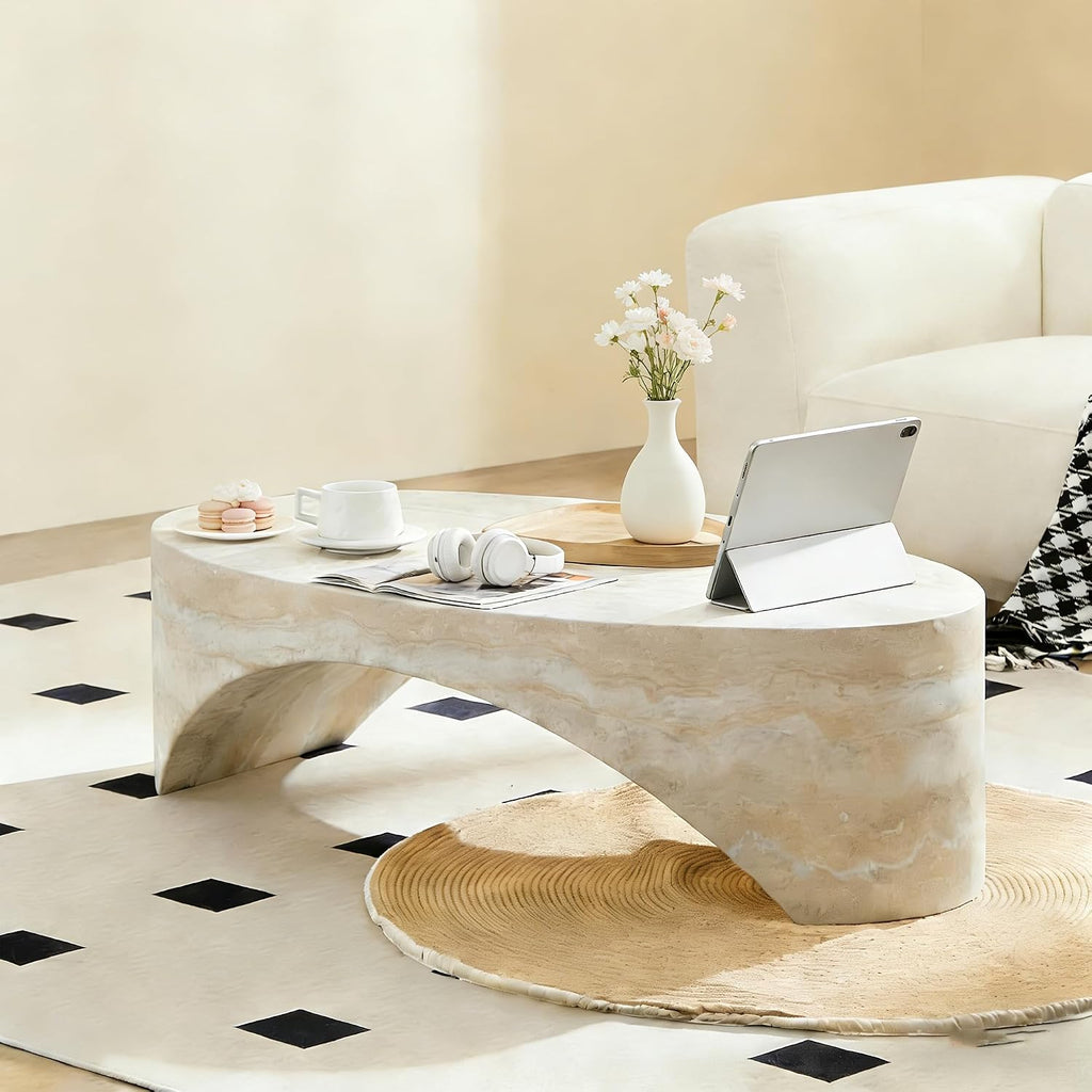 43.31'' Oval Coffee Table in Faux Marble, Modern Fiberglass Arched Coffee Tables, Minimalist Bridge Coffee Table, Stone Center Side Table for Living Room, Office, Apartment, or Balcony