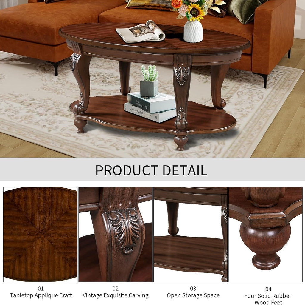 Wood Coffee Table Set for Living Room Round End Tables Set of 2, Antique Coffe Table Legs with Elegant Carvings, Cherry