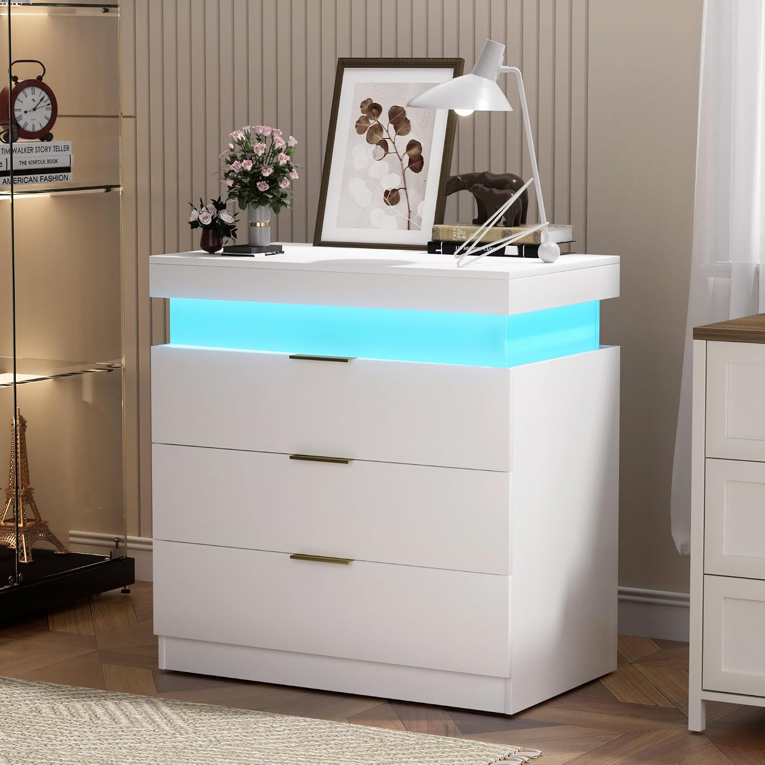 White Nightstand with Charging Station and LED Light,30.5'' Tall Night Stand with Sliding Top for Bedroom, Bedside Table with 3 Drawers, Modern End Side Table for Living Room