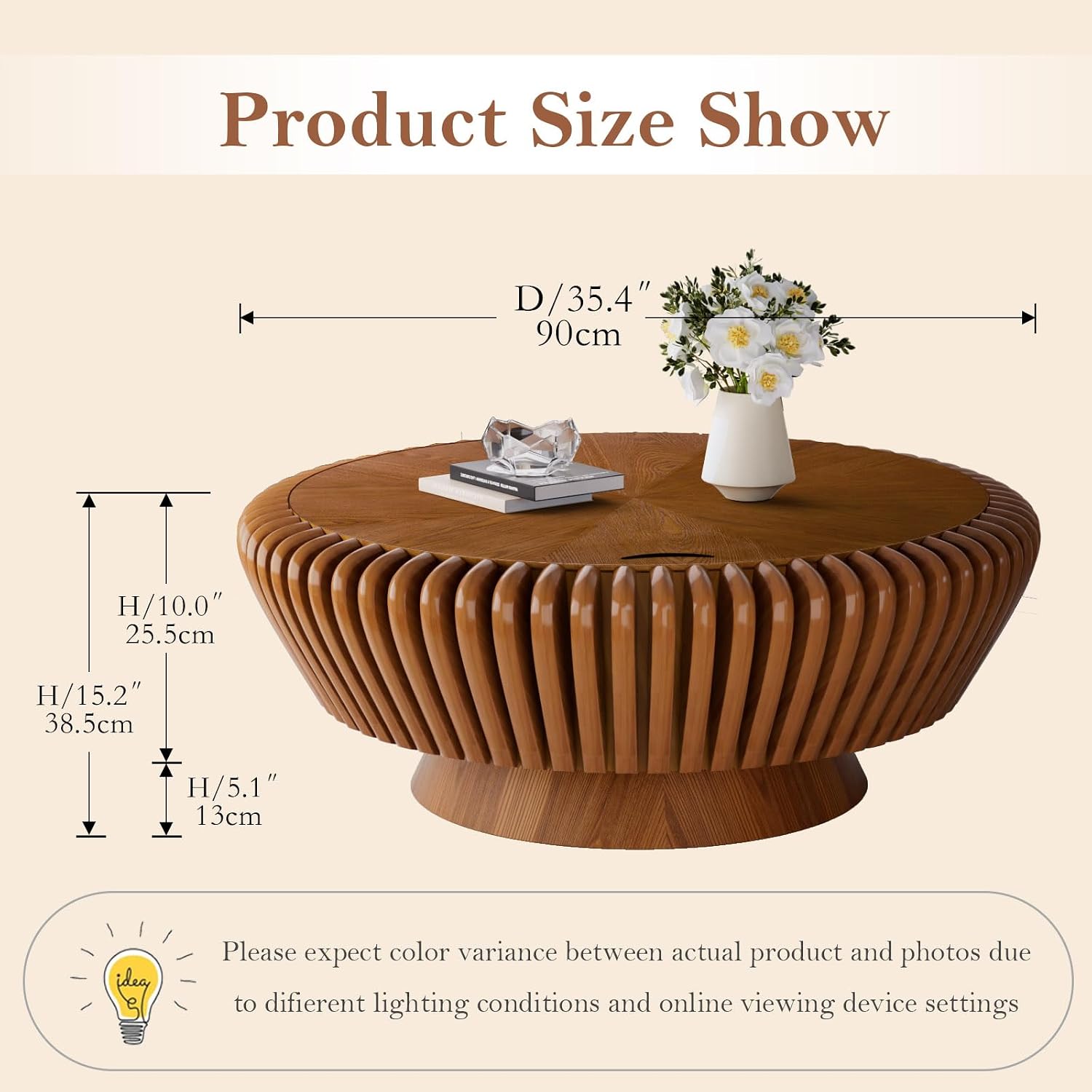 35.4' Fluted Coffee Table with Storage Rustic Chic Circle Drum Center Tables - Handcraft Solid Wood Fluted Veneer for Living Room (M Brown 35.4in)