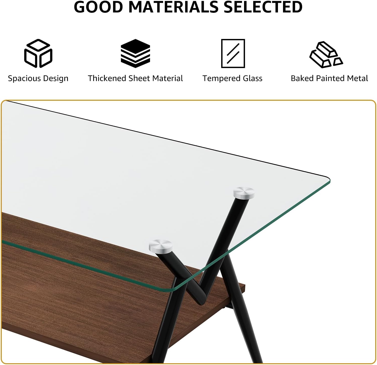 ODUSE-DAILY Coffee Table and End Table 3 Piece Living Room Set, Black Metal Frame Glass Top End Tables, Square Top Shelf, Sofa or Couch Side Tables, Mesa de Centro para Sala (3 Pcs)