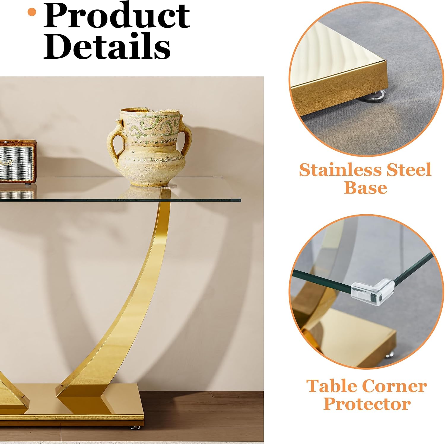 47' Glass Console Table, Modern Rectangular Sofa Table with Tempered Glass Top and Gold Horn-Shaped Stainless Steel Base for Living Room, Entryway, Hallway