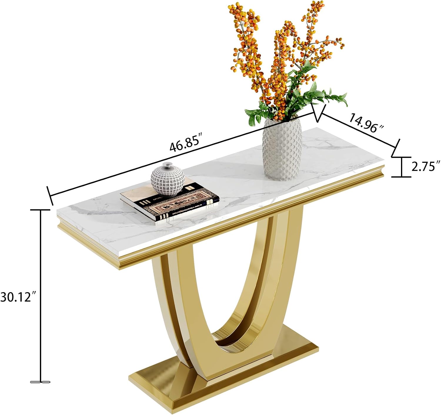 White Gold Console Table, 47' Faux Marble Entryway Table Narrow Long Sofa Table, Modern Accent Table Luxury Rectangle Behind Sofa Entrance Table Foyer Hallway Table for Living Room
