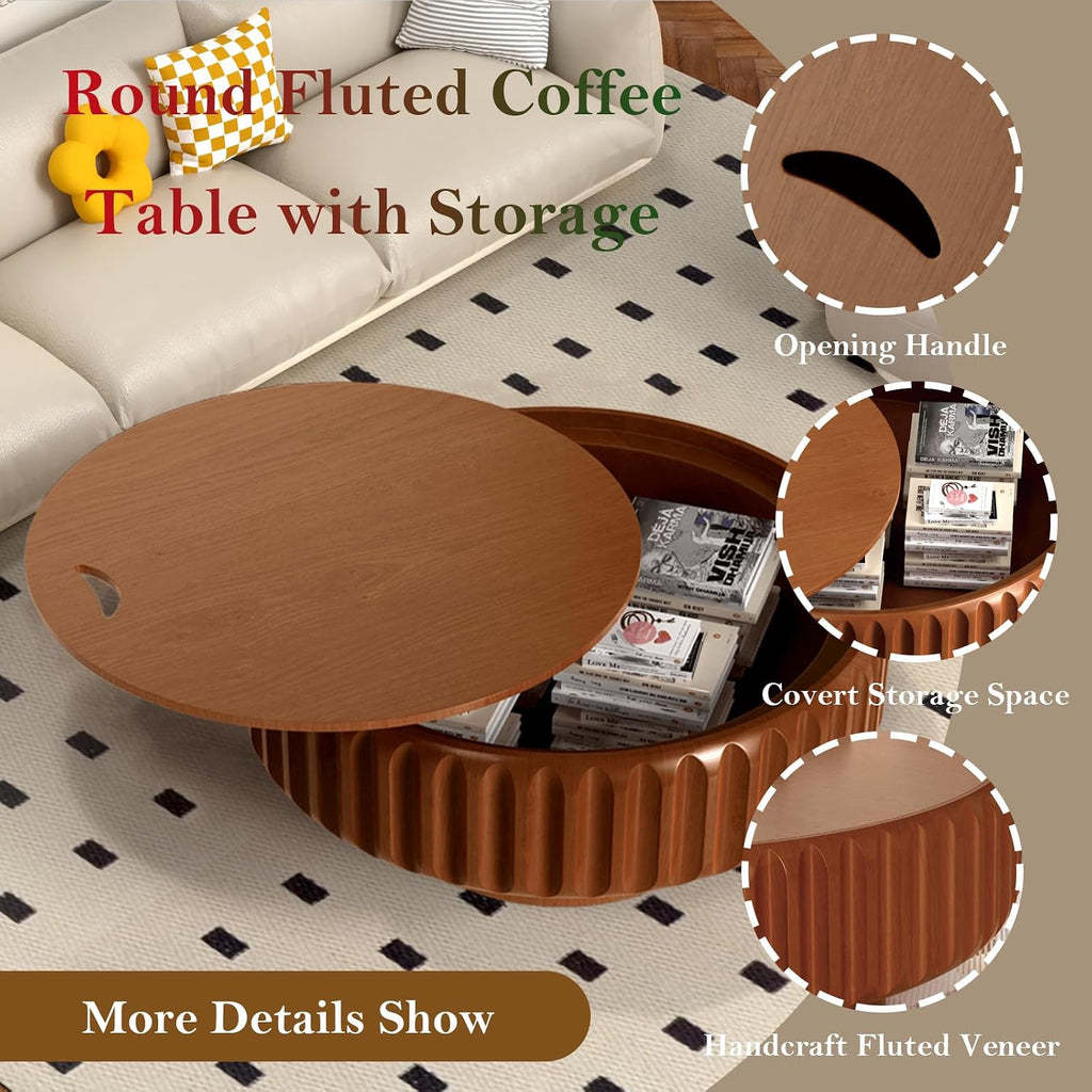 Chic Drum Coffee Table with Storage 31.5' Rustic Round Center Table - Handcraft Fluted Veneer Easy Assemble for Living Room Apartment (C 31.5in)