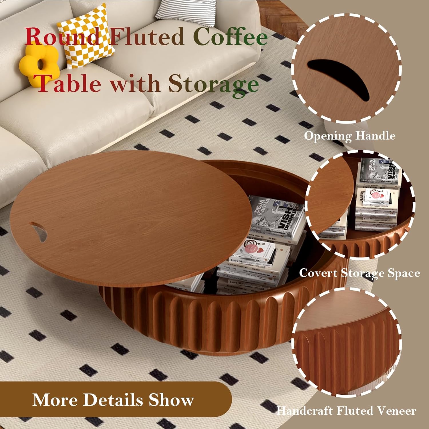 Chic Drum Coffee Table with Storage 31.5' Rustic Round Center Table - Handcraft Fluted Veneer Easy Assemble for Living Room Apartment (C 31.5in)