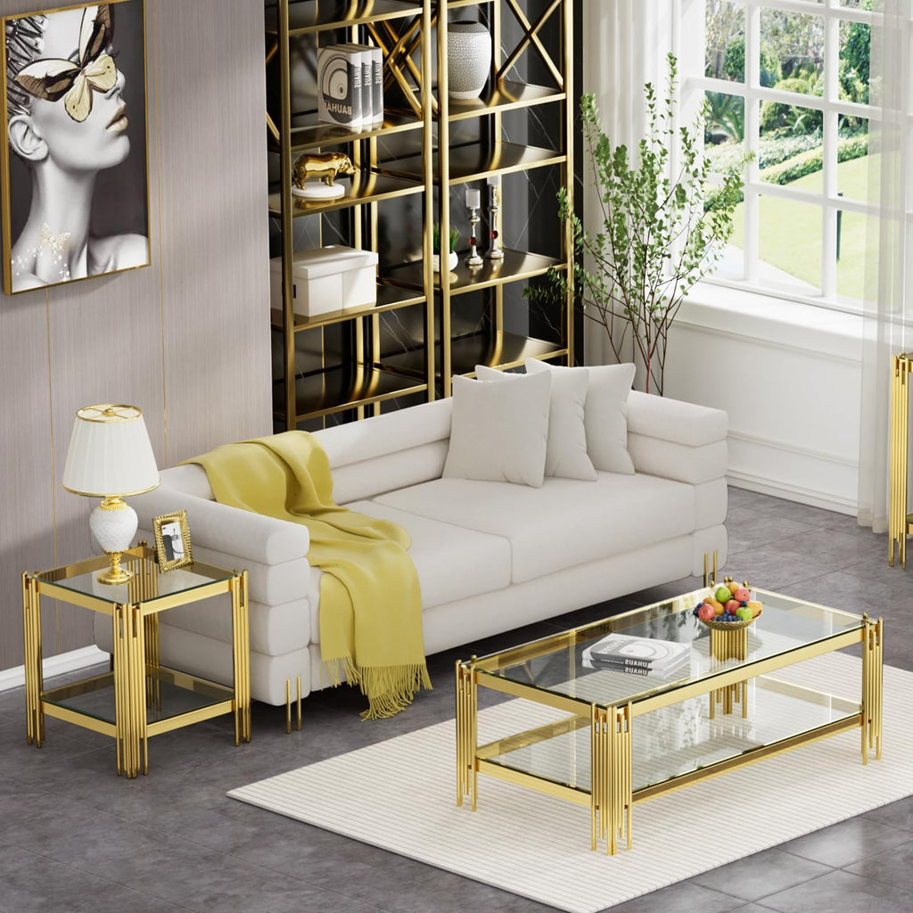 SSLine 2-Piece Living Room Table Set, Modern Clear Glass Coffee Table with 1 End Table, Luxury Rectangle 2-Tier Storage Coffee Table Set with Gold Stainless Steel Frame for Living Room
