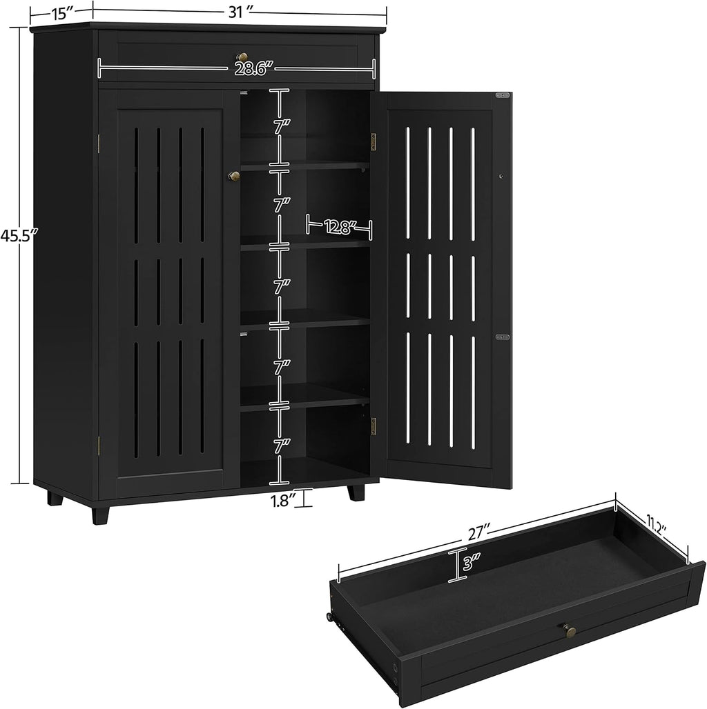 Yaheetech Shoe Cabinet, 5-Tier Shoe Rack Organizer with 1 Drawer, Freestanding Wooden Shoe Storage Cabinet with 2 Louvered Door & Adjustable Shelves for Entryway Hallway, Black