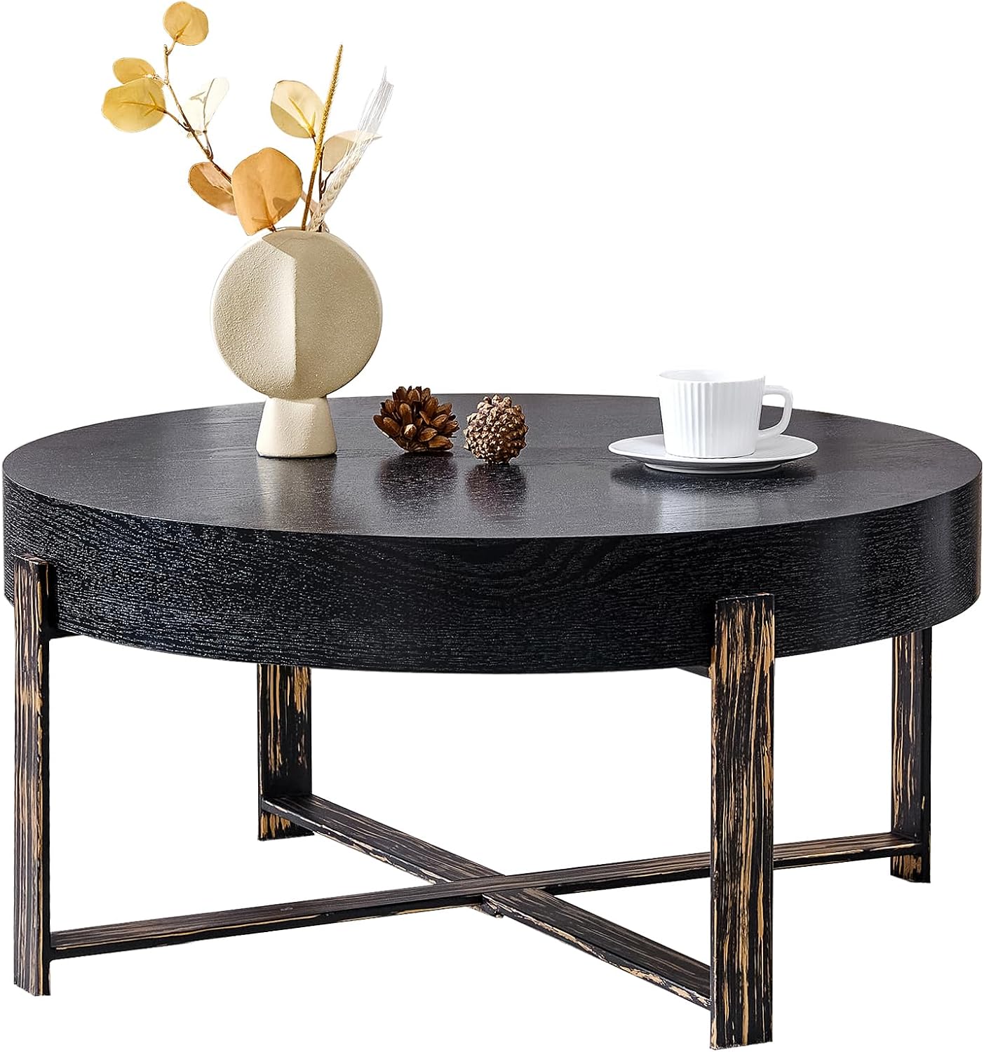 Round Coffee Table, 30.7' Modern Coffee Tables for Living Room, Circular Wooden Center Tea Table with Metal Legs for Apartment Office Small Space, Black