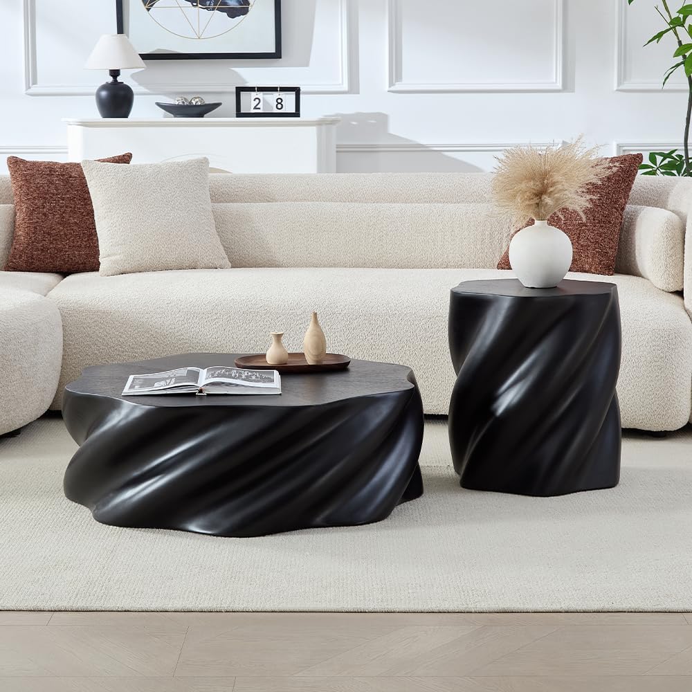 WILLIAMSPACE 17.72' End Table with Flower Shaped, Modern Drum Distorted Small Coffee Table Faux Stone Side Table for Living Room Apartment, Fiberglass, No Assembly (Black)
