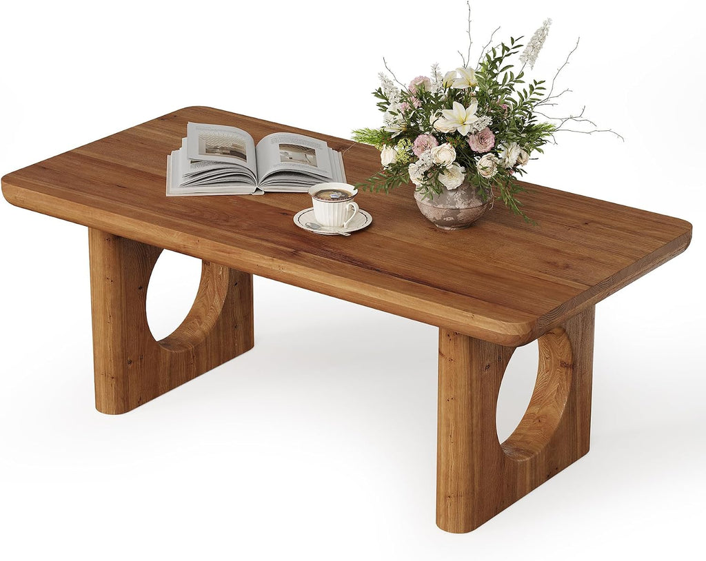 LITTLE TREE Solid Wood Coffee Table, Modern Farmhouse Coffee Table with Thick Tabletop, Rectangle Center Table for Living Room, Home Office, Bedroom, Brown