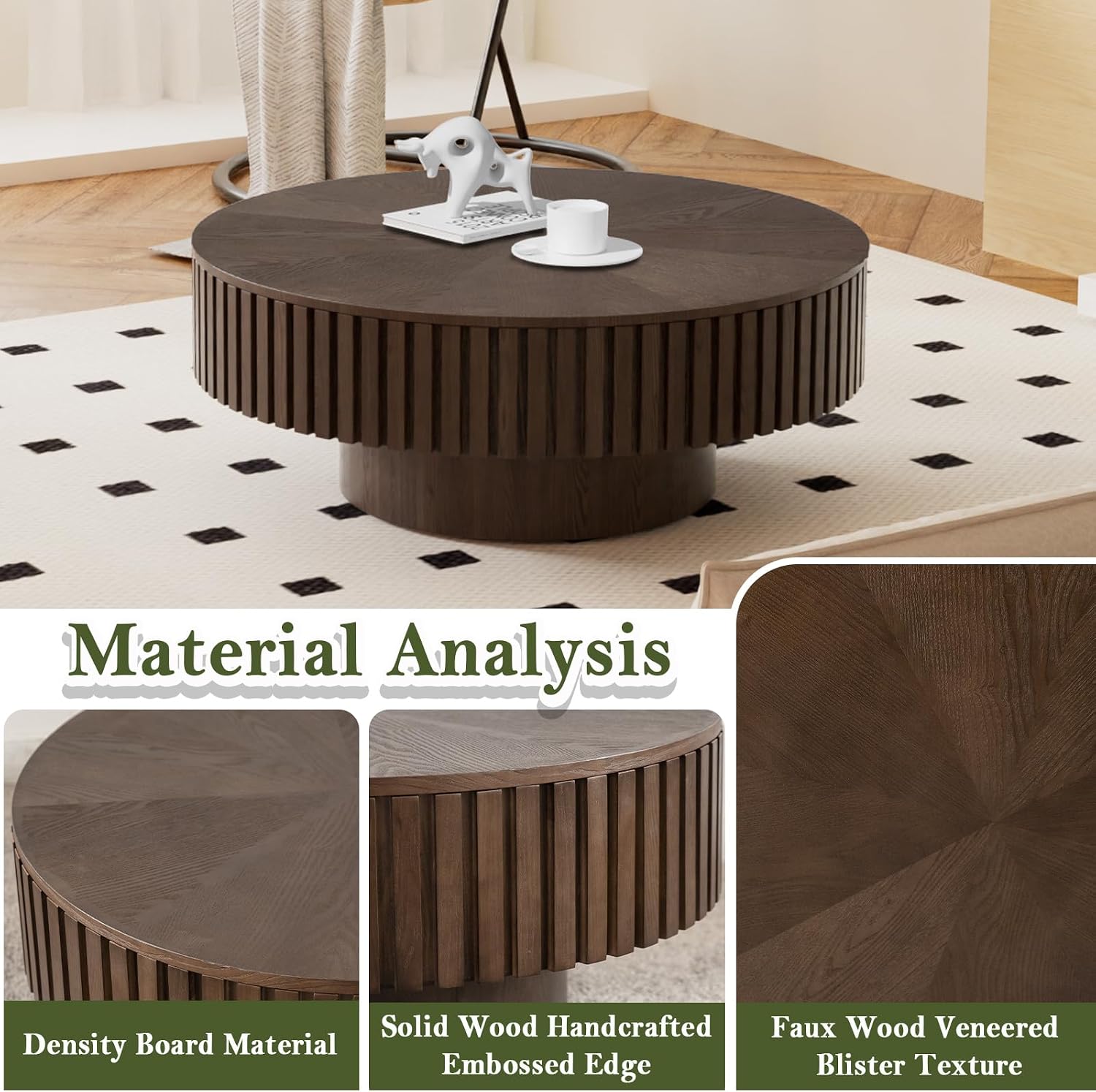 Round Coffee Table with Storage Modern Round Storage Coffee Table Brown Fluted Drum Coffee Table Low Circle Coffee Tables for Living Room (Brown B, 31.4')