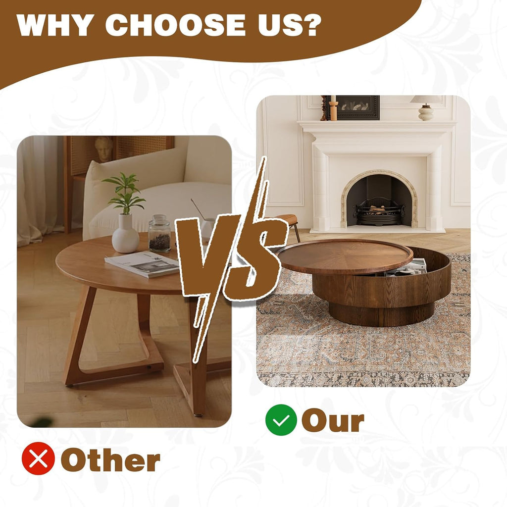 Round Drum Coffee Table White Fluted Coffee Table Circle Center Table Pedestal End Table for Apartment (Brown Round)