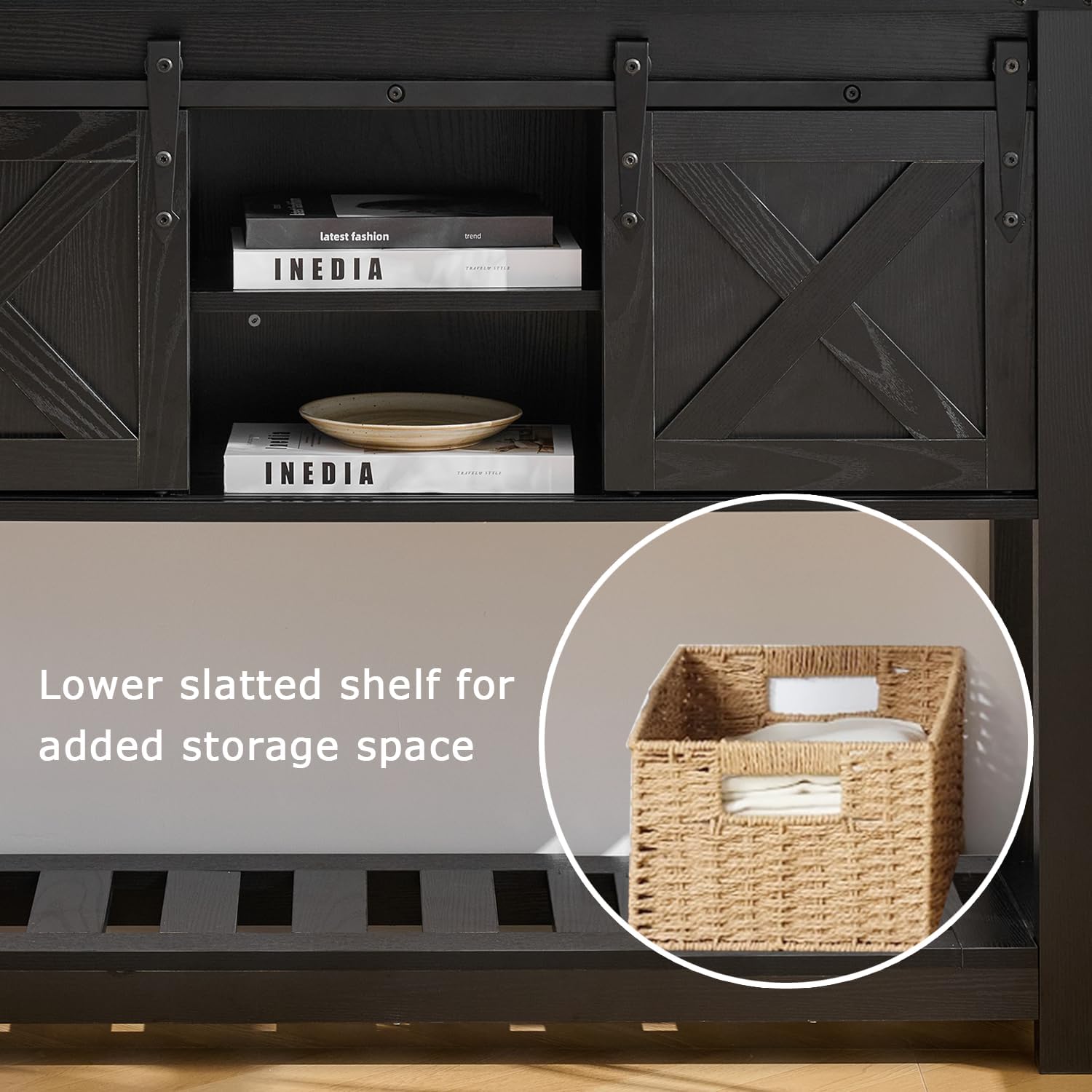Entryway Table with Sliding Barn Doors, 43' Farmhouse Console Table with Storage Shelf, Behind Couch Sofa for Hallway, Entryway, Foyer, Black