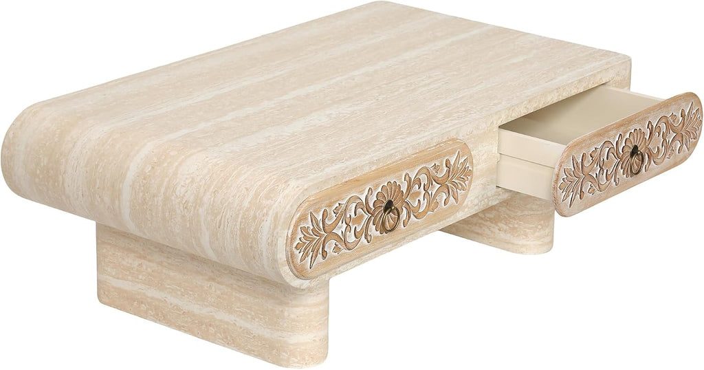 39.5' Faux Mars Coffee Table with Storage, Modern Travertine Coffee Tables with 2 Solid Wood Carved Drawers for Living Room, Rectangular Coffee Center Tea Table with Sturdy Legs for Apartment