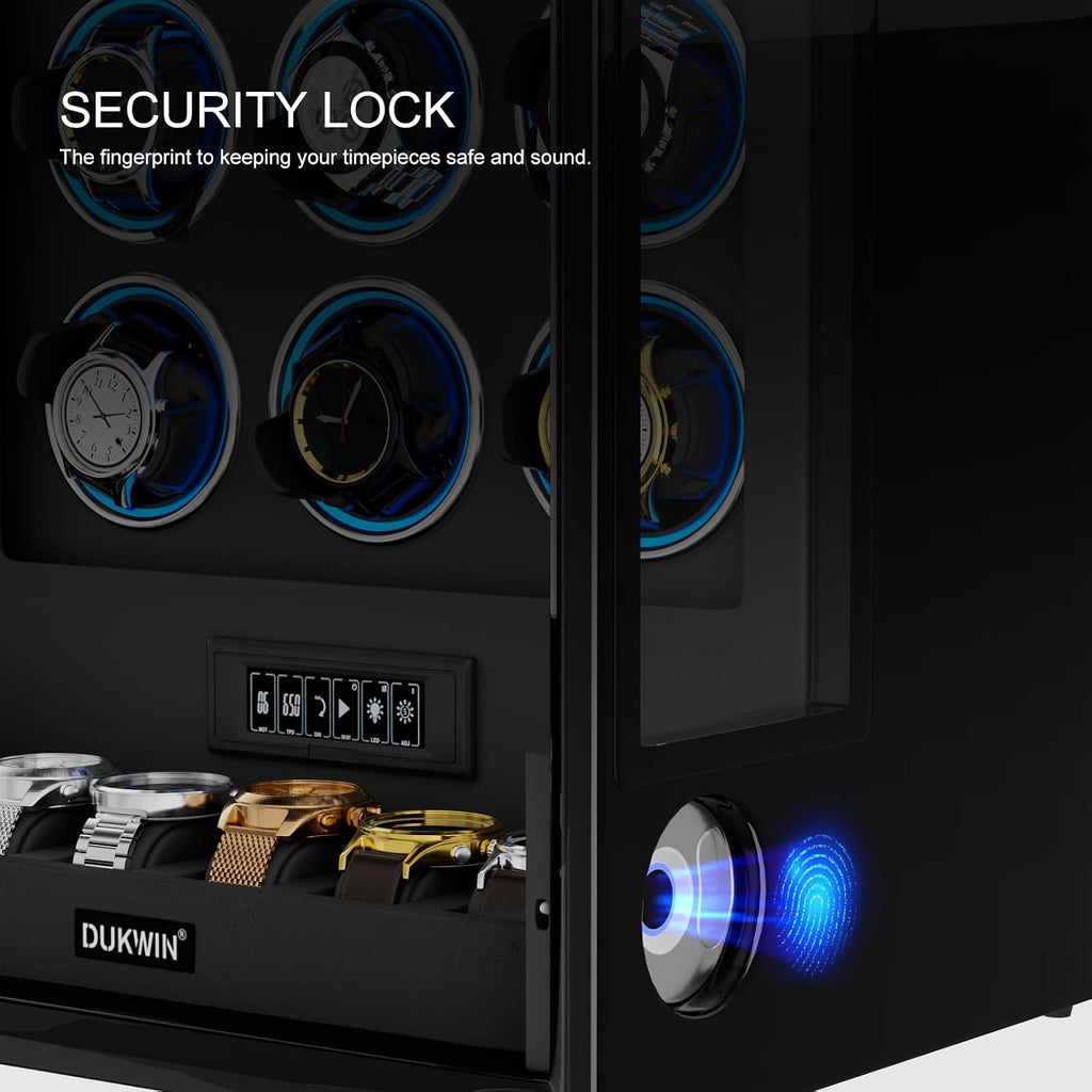 DUKWIN Fingerprint Lock Watch Winder, 8 TPD Watches Winder for 6/9 Automatic Watches with 6 Watch Holders, LCD Display, Adjustable Pillow and Changing LED Light for Gentles and Ladies