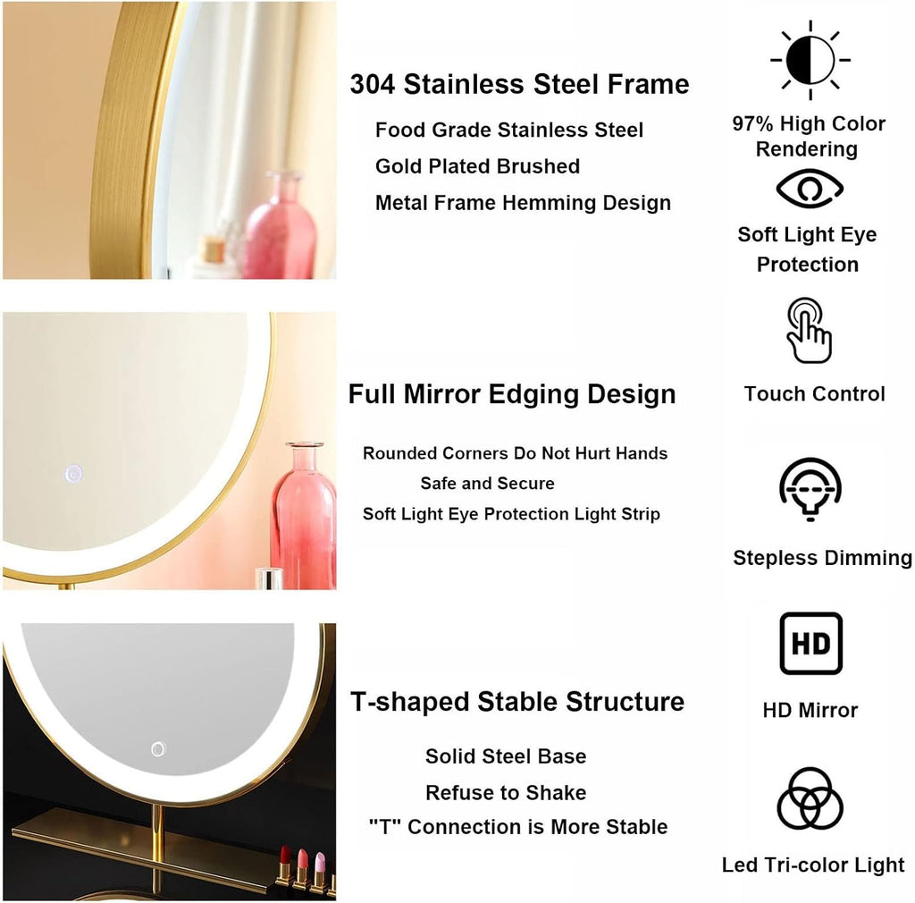 Freestanding Round Vanity Mirror with Led Lights, Bedroom Illuminated Tabletop Mirrors, 3 Color Lighting Stainless Steel Frame Cosmetic Mirror - Touch Switch (Color : Gold, Size : 50x50cm/20, Black