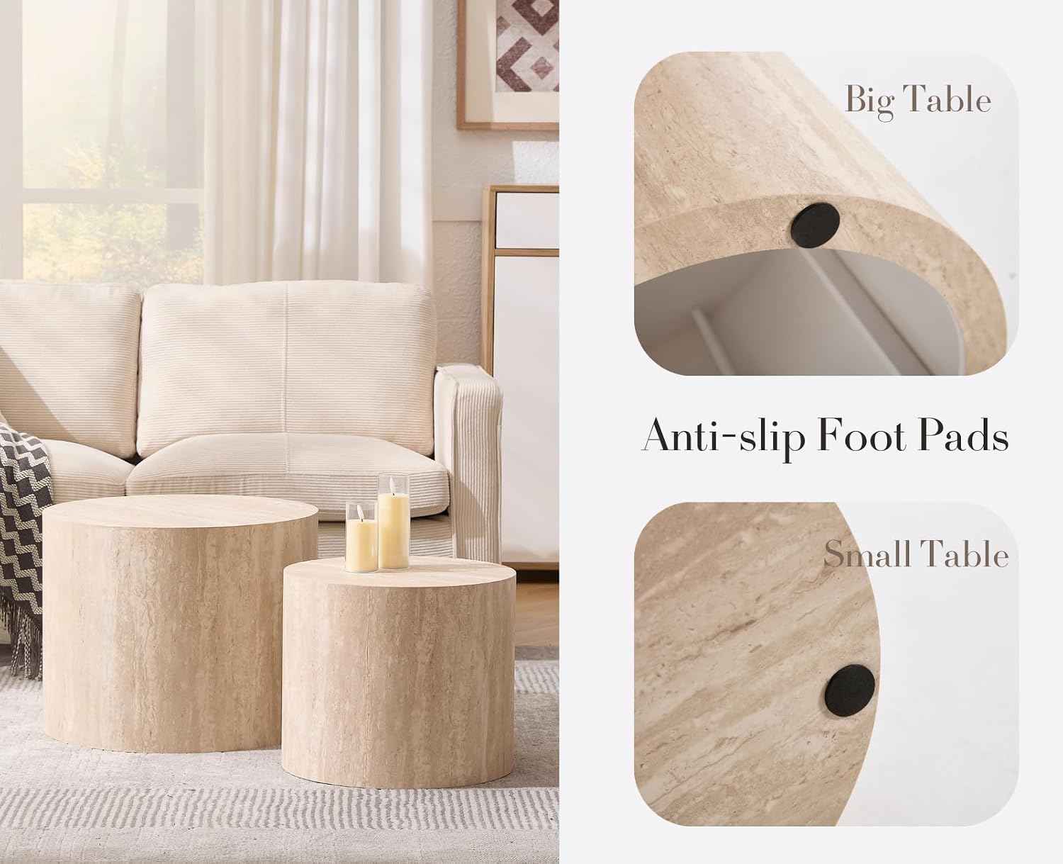 EALSON Nesting Coffee Tables Set of 2 Farmhouse Small Round End Tables Modern Circle Side Table Drum Table for Living Room/Small Spaces/Bedroom/Balcony, No Assembly, Travertine