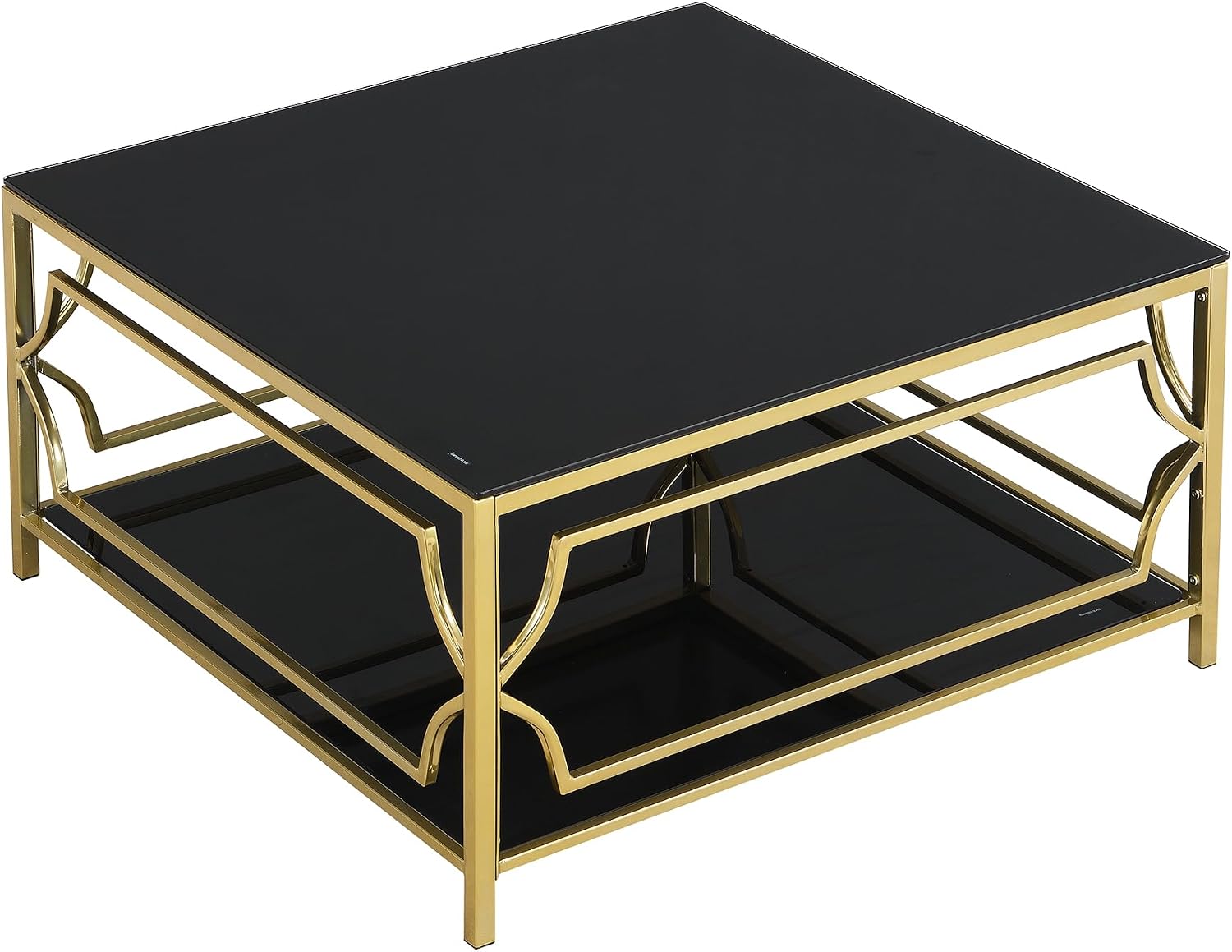 33.5' Square Black Glass Coffee Table with Storage, Modern 2-Tier Tempered Glass Accent Coffee Table with Metal Frame for Living Room, Minimalist Gold Cocktail Center Table for Office, Apartment