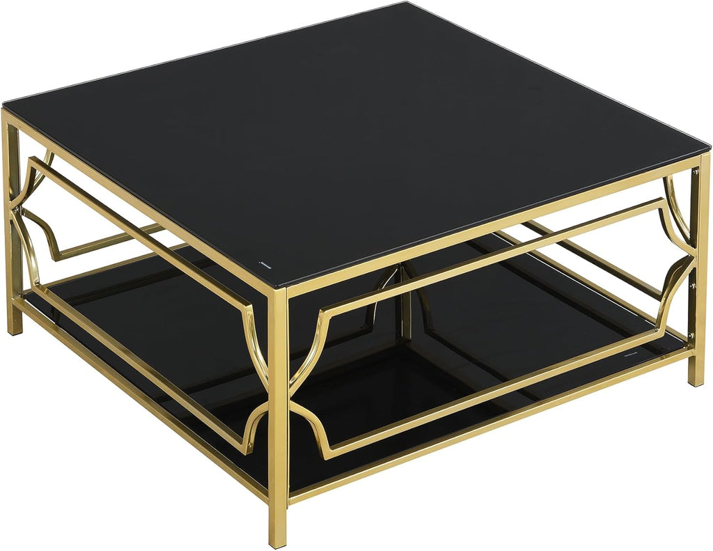 33.5'' Tempered Glass Square Coffee Table for Living Room, 2-Tier Modern Coffee Table, Black Mirror Tabletop & Metal Base, Easy Assembly, Black & Gold