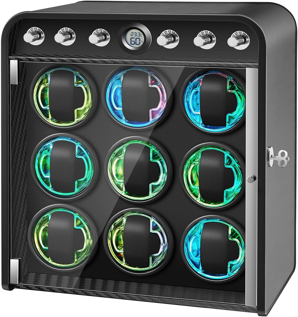 Watch Winder for Automatic Watches, Watch Winders Box 1/2/4/6/9 Slot for Rolex,Silent Motor, 4 Rotation Mode Setting,Built-in led Lights,Gift for Man