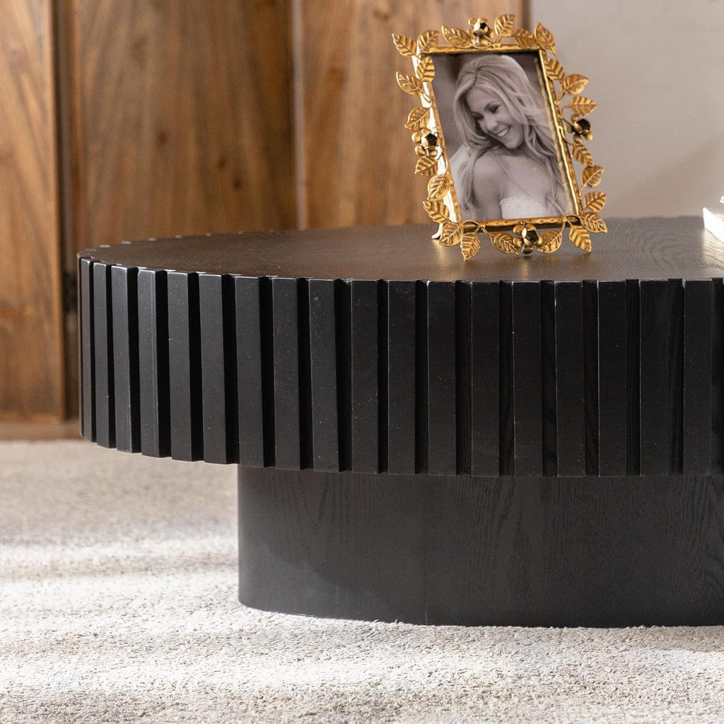 43.3in Oval Fluted Coffee Table Drum Coffee Tables for Living Room Modern Pedestal Center Table (Oval Black 43.3in)