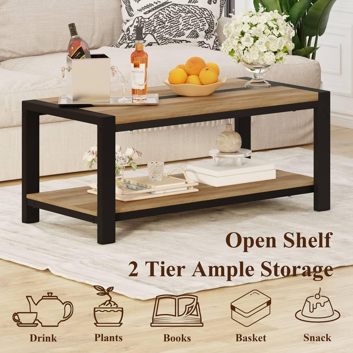 BON AUGURE 43 Inch Coffee Table, Wood and Metal Coffee Tables for Living Room, Rectangle Living Room Table, Small Farmhouse Center Tables for Home Office (Vintage Oak)