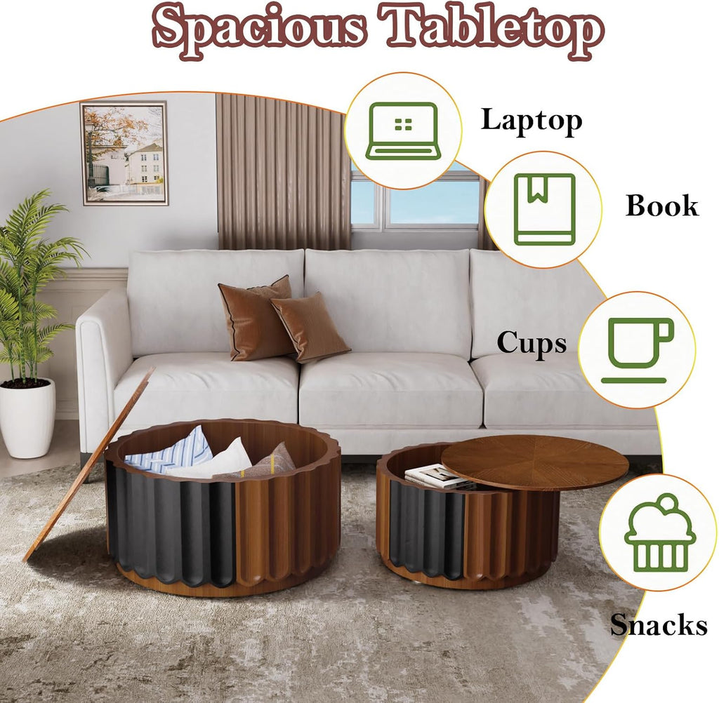 Round Nesting Coffee Table with Storage Stylish Chic Wooden Circle Center Table - Handcraft Relief Veneer for Living Room Study Balcony (F 26.8+19.7in)