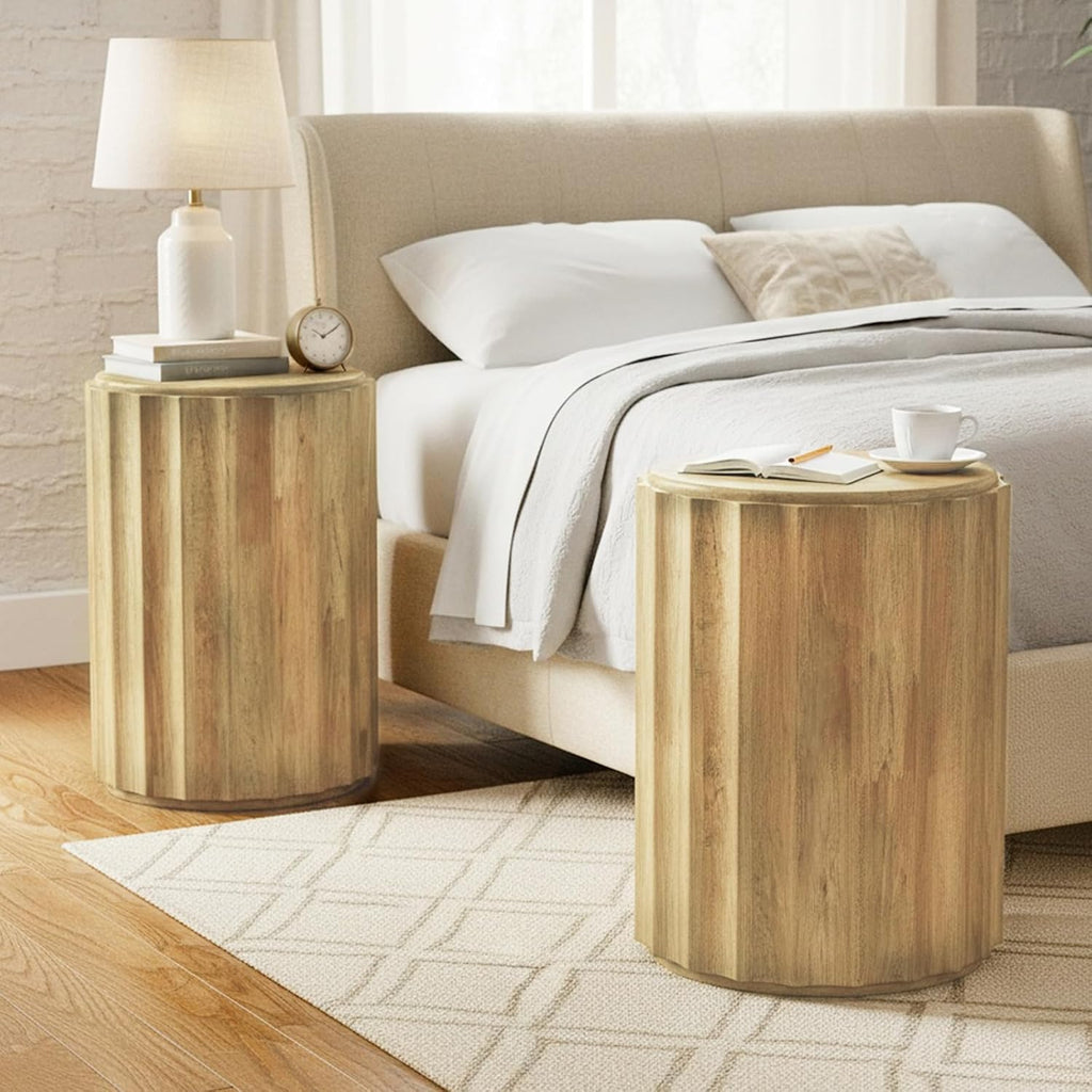 Round Side Table,Coffee Table with for Small Space,Fully Assembled End Table with Gold Geometric Design & Wave Pattern,Nightstand for Living Room,Bedroom,Office,18 Inch (Wavy Natural Wood)