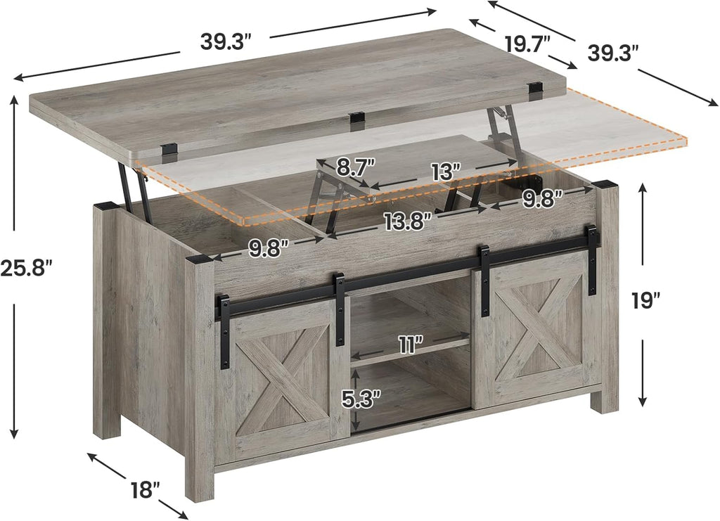 SEDETA Lift Top Coffee Table, 4 in 1 Multi-Function Convertible Coffee Tables with Storage and Hidden Compartment, Farmhouse Coffee Table Converts to Dining Table for Living Room, Grey