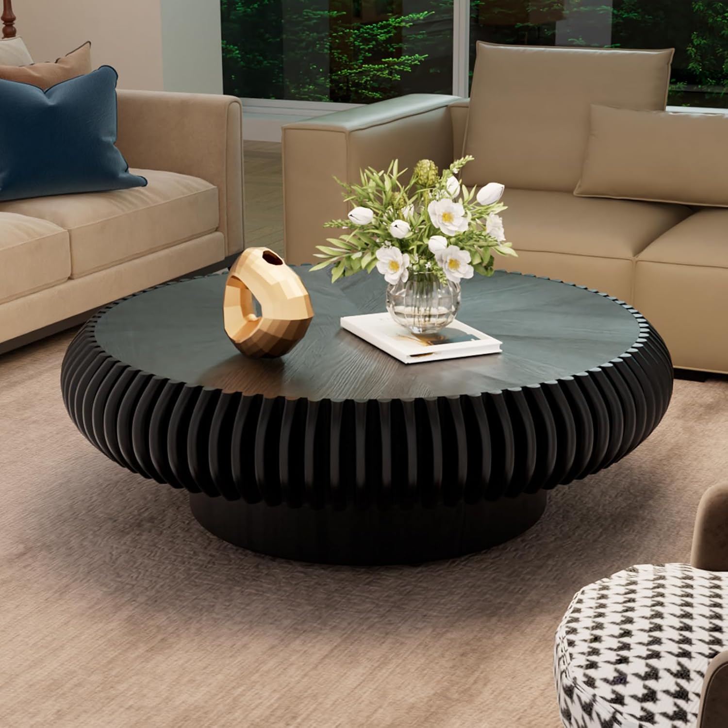39.37' Round Drum Coffee Table, Modern Fluted Coffee Tables with Solid Wood Veneer, Wooden Circle Center Table for Living Room, Small Spaces, and Apartments, Easy Assembly