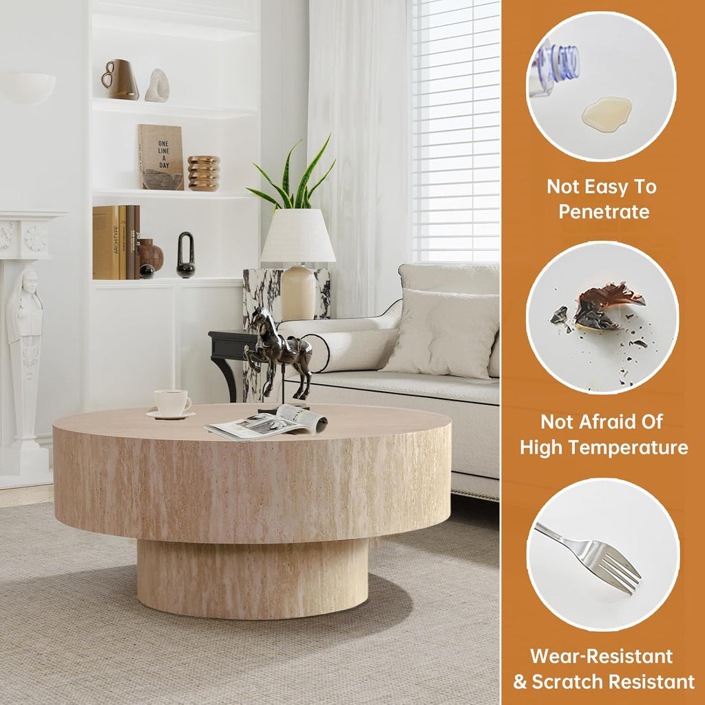 Round Travertine Coffee Table, with Large Tabletop & Base, Mid Century Rustic Circle Wood Center Table for Living Room Farmhouse Apartment, Easy Assembly (A)