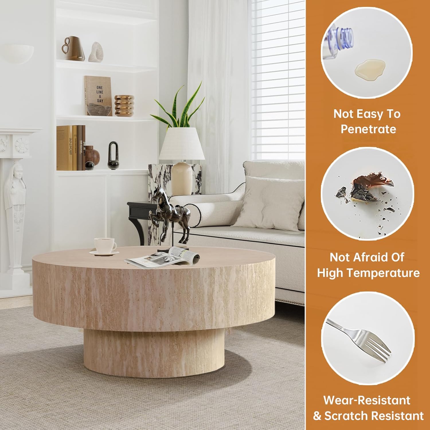 Round Travertine Coffee Table, with Large Tabletop & Base, Mid Century Rustic Circle Wood Center Table for Living Room Farmhouse Apartment, Easy Assembly (A)